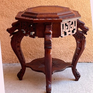 Antique Chinese Carved Wood Stand with Dragons on 4 Legs. Open Work Octagonal Rosewood Stand 13.5&quot; Tall