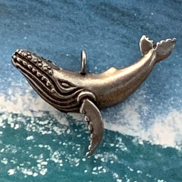 Antiqued Silver Tone Metal Humpback Whale Pendant 2.25” Long. Aged Patina. New Old Stock. Mexico