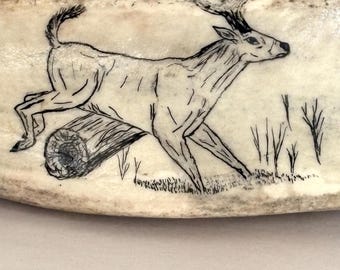 Vintage Deer Stag Jumping Over Log Artwork on Deer Antler Belt Buckle 6.25" by W L