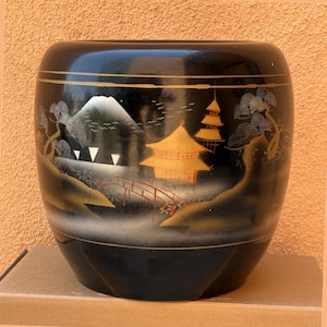 Antique Japanese Fire Bowl / Hibachi 10" Hand Painted Ceramic Pot with Landscape Scene