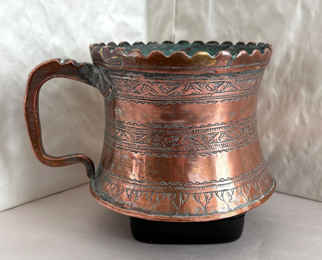 Antique Middle Eastern Engraved Copper Castellated Rim Tankard / Pot ...