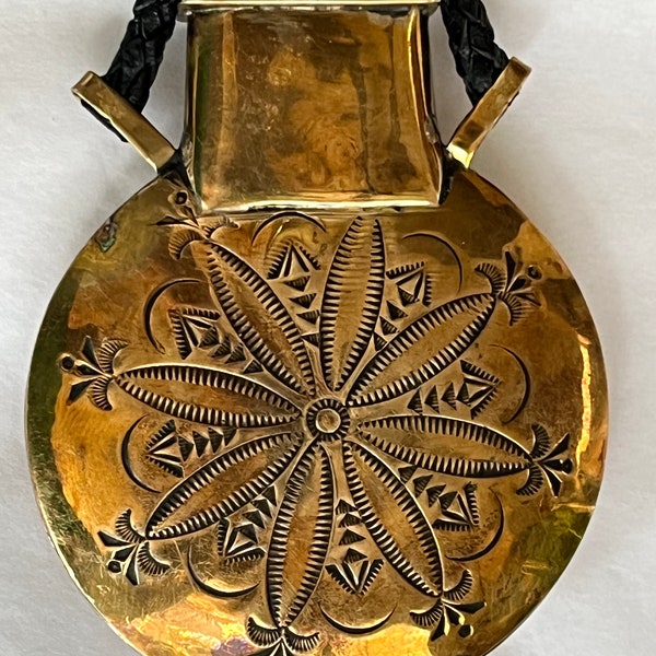 Vintage Southwest Concho Hand Stamped Brass Tobacco Canteen, Gunpowder Flask or Pendant Necklace