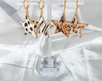 Animal print large star gold plated huggie earrings
