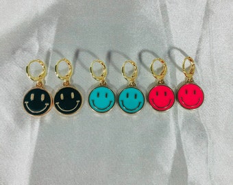 Large smiley face huggie earrings gold plated