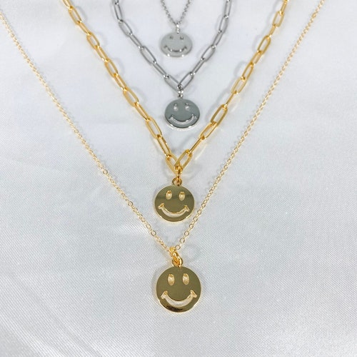 Gold/silver Plated Smiley Face Necklace in Paperclip Chain or Etsy