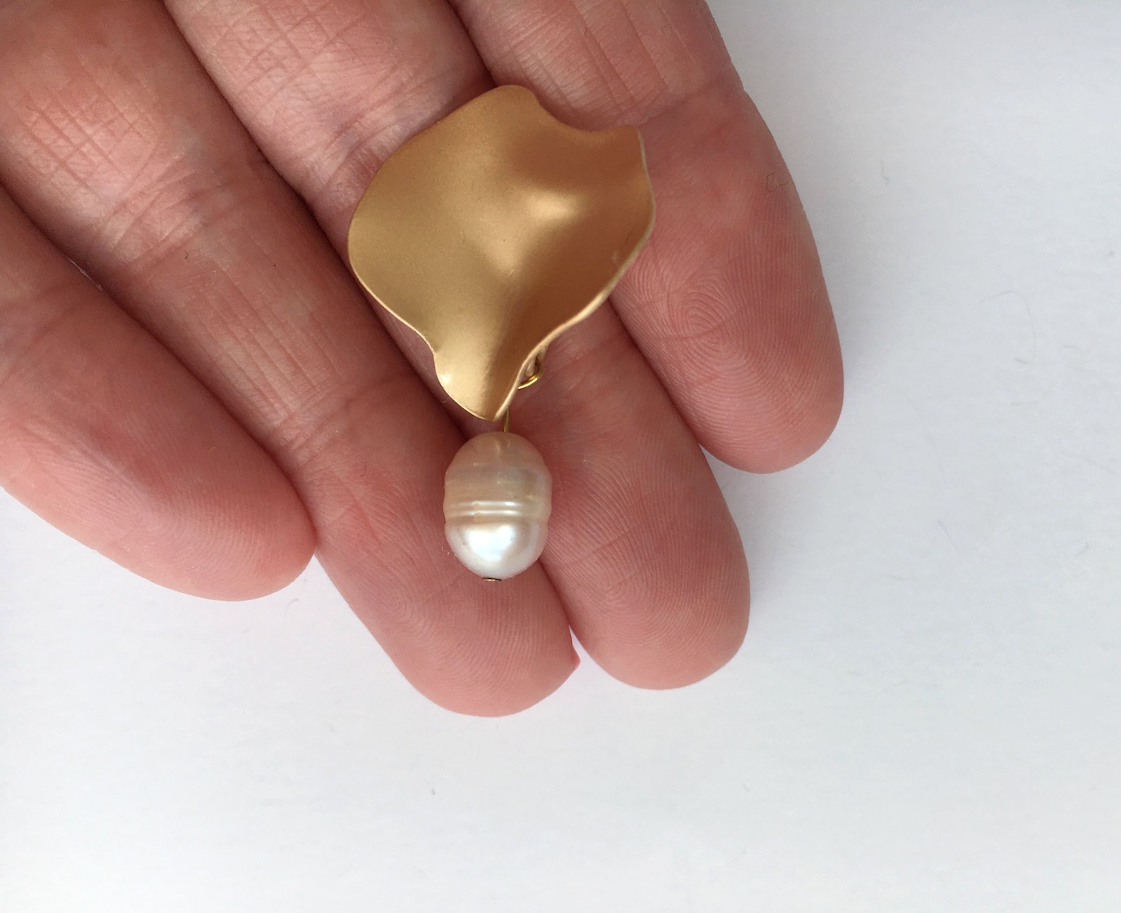 Wave Pale Matt Gold Plated Earrings With Natural Freshwater Pearl