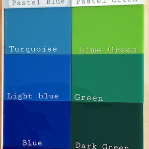 May include: A grid of eight rectangular color swatches labeled with text. The left column features Pastel Blue, Turquoise, Light blue, Blue, and Dark Blue. The right column features Pastel Green, Lime Green, Green, Dark Green, and Teal.