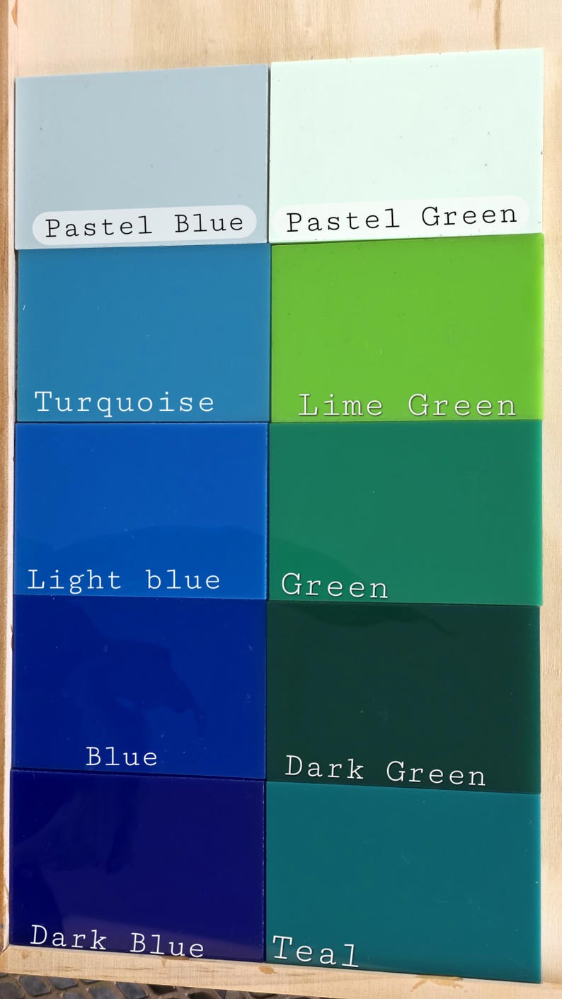 May include: A grid of eight rectangular color swatches labeled with text. The left column features Pastel Blue, Turquoise, Light blue, Blue, and Dark Blue. The right column features Pastel Green, Lime Green, Green, Dark Green, and Teal.