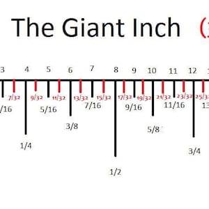 May include: A graphic illustration titled The Giant Inch (32nds) showing a ruler segment from 0 to 1 inch. It displays black and red vertical tick marks with corresponding fractions labeled in black and red text to represent 32nd increments.