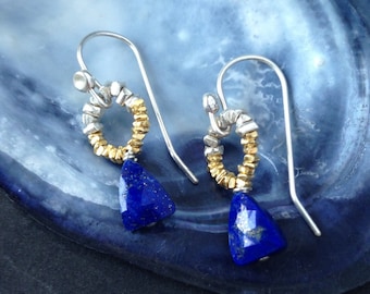 Delicate blue lapis lazuli, gold  & sterling silver drop earrings