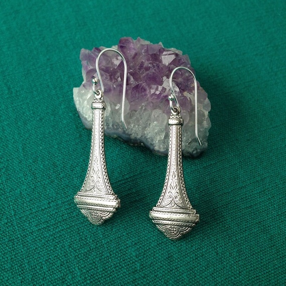 Vintage bohemian finely detailed pewter drop earr… - image 1