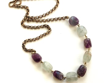 Aged brass & flurorite gemstone necklace - made in Mexico- Hecho en Mexico