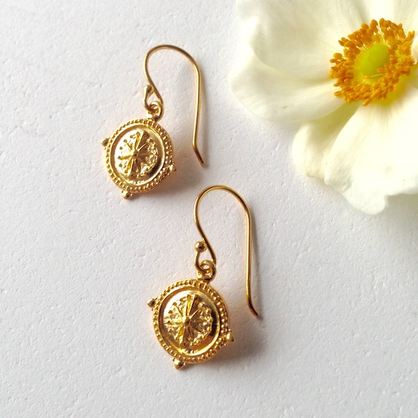 Petite gold etruscan style drop earrings