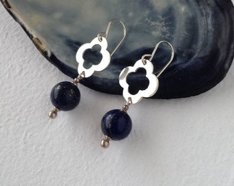 Contemporary lapis lazuli and sterling silver quatrefoil earrings