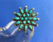 Vintage Zuni turquoise and sterling silver starburst brooch, needlepoint petit point blue turquoise