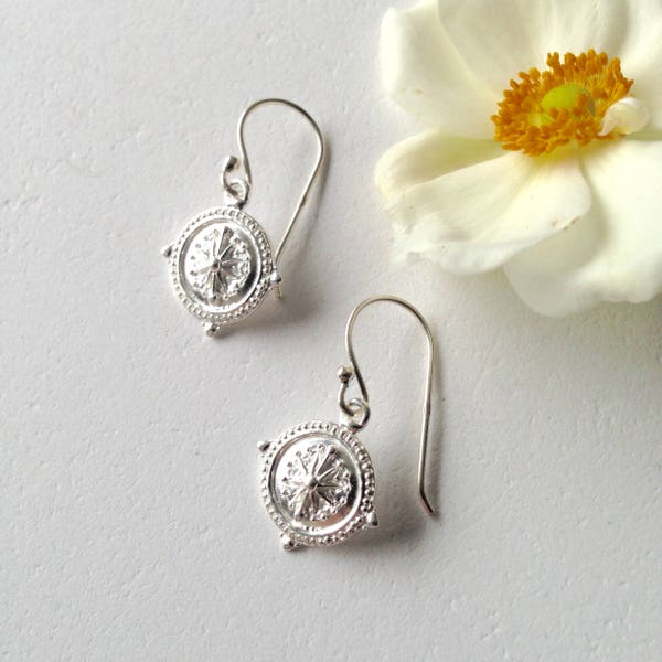 Petite sterling silver etruscan style drop earrings