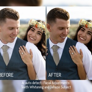 ai auto detect facial adjustments, teeth whitening and dehaze subject Lightroom presets before and after visual representation of the differences between raw image and edited image