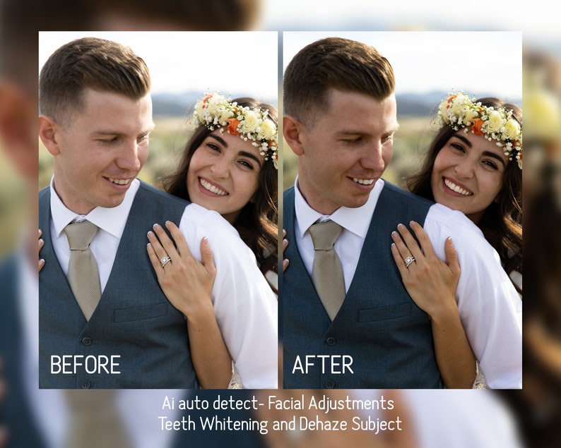 ai auto detect facial adjustments, teeth whitening and dehaze subject Lightroom presets before and after visual representation of the differences between raw image and edited image