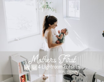 Préréglages Lightroom Mothers First. Compatible avec les ordinateurs de bureau et les appareils mobiles. 5 préréglages, lumineux et aéré, bébé, enfants, chambre de bébé, nouveau-né, photos d'intérieur.