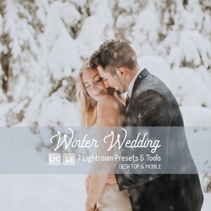 May include: A couple embraces in a snowy forest, with the text "Winter Wedding" in a cursive font. The image also includes text indicating Lightroom presets and tools for desktop and mobile use.