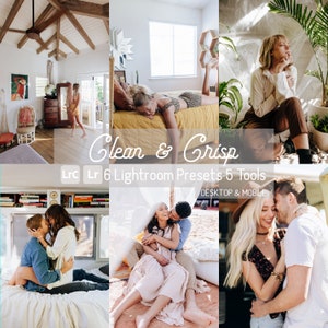 May include: A set of 6 Lightroom presets and 5 tools for editing photos. The presets are called "Clean & Crisp" and are designed for both desktop and mobile devices. The image shows several couples in different settings, including a bedroom, a beach, and a camper van.