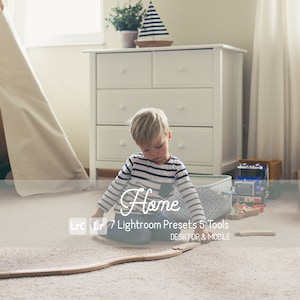 May include: A young boy plays with a wooden train track in a light and airy room. The room has a white dresser, a white teepee, and a grey rug. The boy is wearing a blue and white striped shirt and blue jeans. The text "Home 7 Lightroom Presets 5 Tools DESKTOP & MOBILE" is visible in the image.