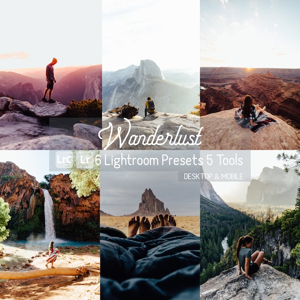 Wanderlust Lightroom Presets. Desktop/Mobile Compatible. 6 Presets, 5 Tools. Travel preset, Outdoor, Landscape, National Park, Lifestyle