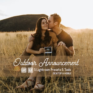 May include: A couple sitting in a field of long grass, holding an ultrasound image. The text "Outdoor Announcement" is written in a cursive font above them. The text "Lrc Lr 5 Lightroom Presets 5 Tools DESKTOP & MOBILE" is written below them.
