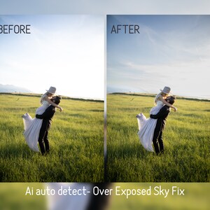 ai auto detect over exposed sky fix Lightroom presets before and after visual representation of the differences between raw image and edited image