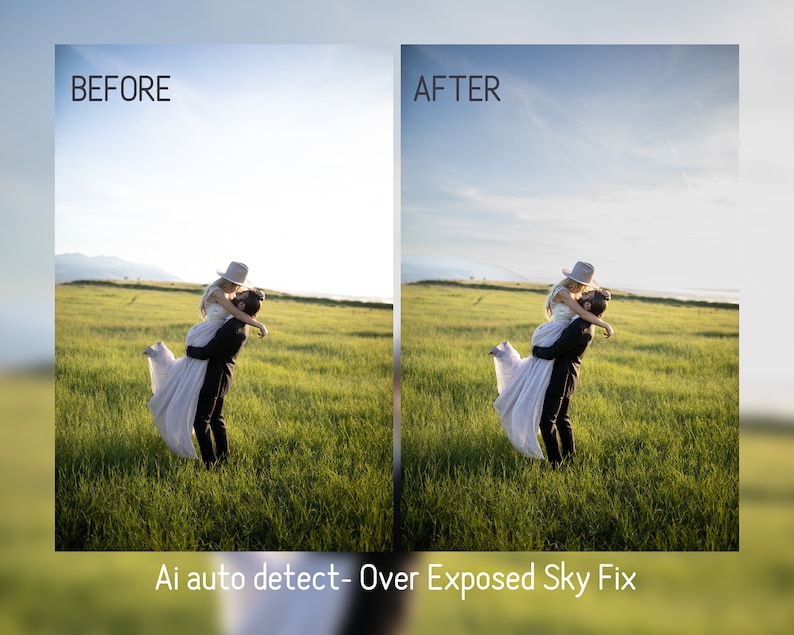 ai auto detect over exposed sky fix Lightroom presets before and after visual representation of the differences between raw image and edited image