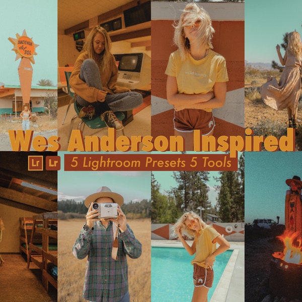 Wes Anderson Inspired Lightroom Presets. Warm Tones, Desert, Blues, Desktop And Mobile Compatible. 5 Presets 5 Tools. Photo FIlter
