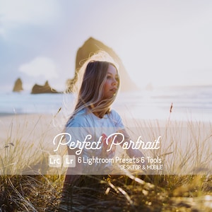 Op de afbeelding: Een vrouw met lang blond haar zit in hoog gras met een waterpartij en een rotsachtige uitstulping op de achtergrond. De tekst "Perfect Portrait" is geschreven in een cursief schrift met de woorden "6 Lightroom Presets 6 Tools" eronder. De tekst "Lrc Lr" is geschreven in een kleiner lettertype onder de woorden "6 Lightroom Presets 6 Tools".