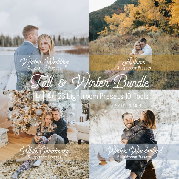 Fall & Winter Lightroom Preset Bundle. Desktop And Mobile Compatible. 23 presets, 10 Tools, Christmas, Snow, Cold, autumn, Instagram, filter