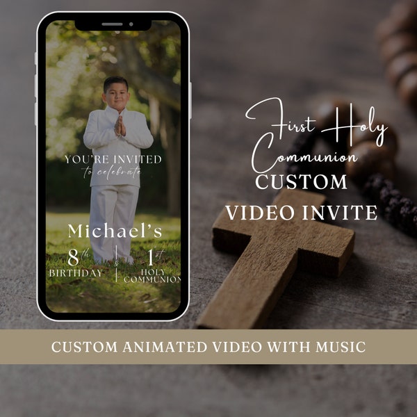 First Holy Communion Invitation, Baptism, Confirmation, Catholic Invite, Digital Animated Religious Invitation with Music, 1st Communion