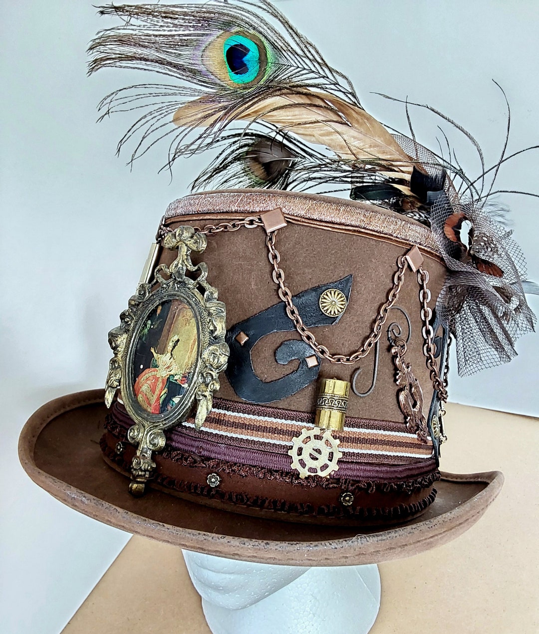 Leather Steampunk Top Hat With Peacock Feathers and Metal/vintage