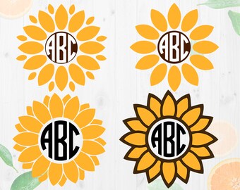 Sunflower Svg, Monogram Sunflower Cutfile, Sunflower monogram svg, Sunflower eps, dxf, png files. Sunflower clipart, Flower Svg, Flower cut