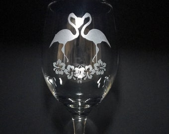 Hand Etched Love Flamingos 14oz Stemmed Wine Glass