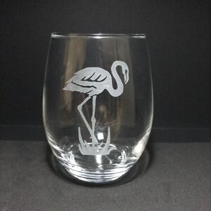 Hand Etched Flamingo 15oz Stemless Wine Glass
