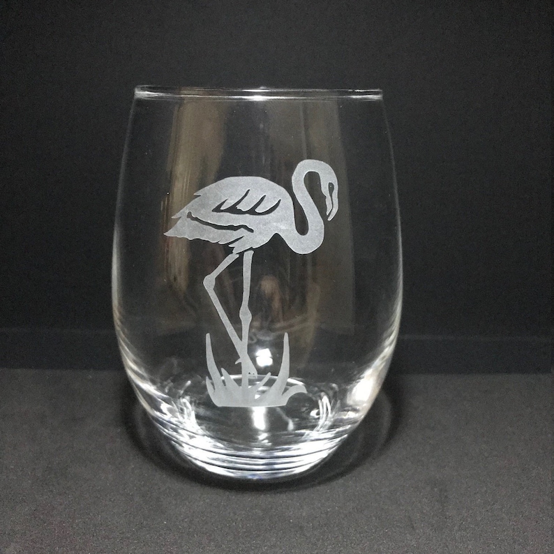 Hand Etched Flamingo 15oz Stemless Wine Glass Etsy