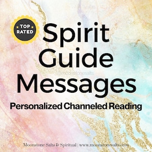 Könnte beinhalten: Eine digitale Illustration eines Aquarellhintergrunds mit goldenen Glitzerakzenten. Der Text "Spirit Guide Messages" ist in schwarzer Fettschrift. Der Text "Personalized Channeled Reading" ist in schwarzer Schrift. Der Text "@moonstonesalts" ist in kleinerer schwarzer Schrift. Ein gelber sternförmiger Aufkleber mit dem Text "TOP RATED" befindet sich in der oberen linken Ecke.