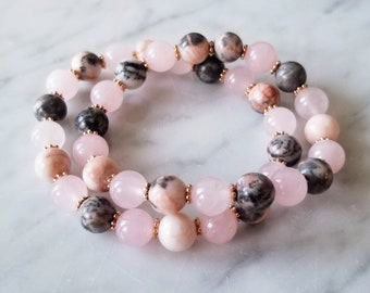 Rose Quartz + Pink Zebra Jasper Crystal Stacking Stretch Bracelet | Reiki Infused Jewelry
