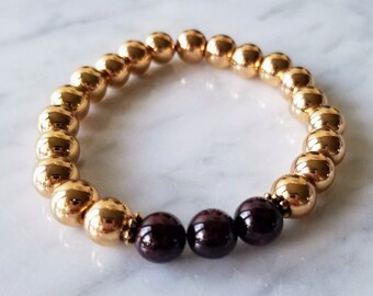 Garnet Crystal Bracelet with Gold Hematite Crystal Beads | Reiki Infused Jewelry | Red Gemstone Beaded Bracelet | Holiday Fashion
