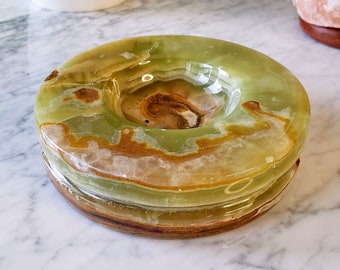 XXL Green Onyx Crystal Stand | Extra Large Stone Sphere Holder or Incense Burner | Unique Marbling Natural Banded Onyx