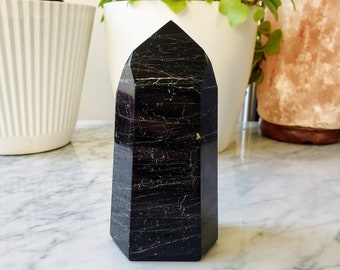 Large Black Tourmaline Crystal Point | Generator Tower Stone with Iron Inclusions | Energy Clearing | EMF Blocking | Natural Termination