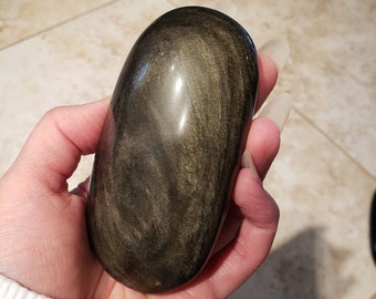 Large Golden Obsidian Palm Stone | Natural Gold Sheen Obsidian Crystal Freeform | Iridescent Flashy Gemstone | Scrying and Metaphysical Tool