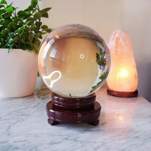 XXL Clear Scrying Crystal Ball with Red Stand | Giant Clear Polished Sphere | Divination Tool | Fortune Telling