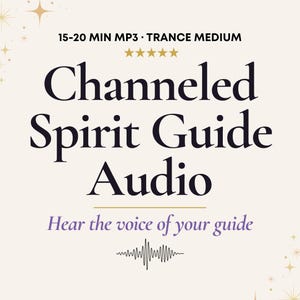 May include: A digital graphic with a cream background and gold star accents. The text reads: 15-20 MIN MP3 · TRANCE MEDIUM, five gold stars, Channeled Spirit Guide Audio, and Hear the voice of your guide. A black sound wave icon is centred at the bottom.