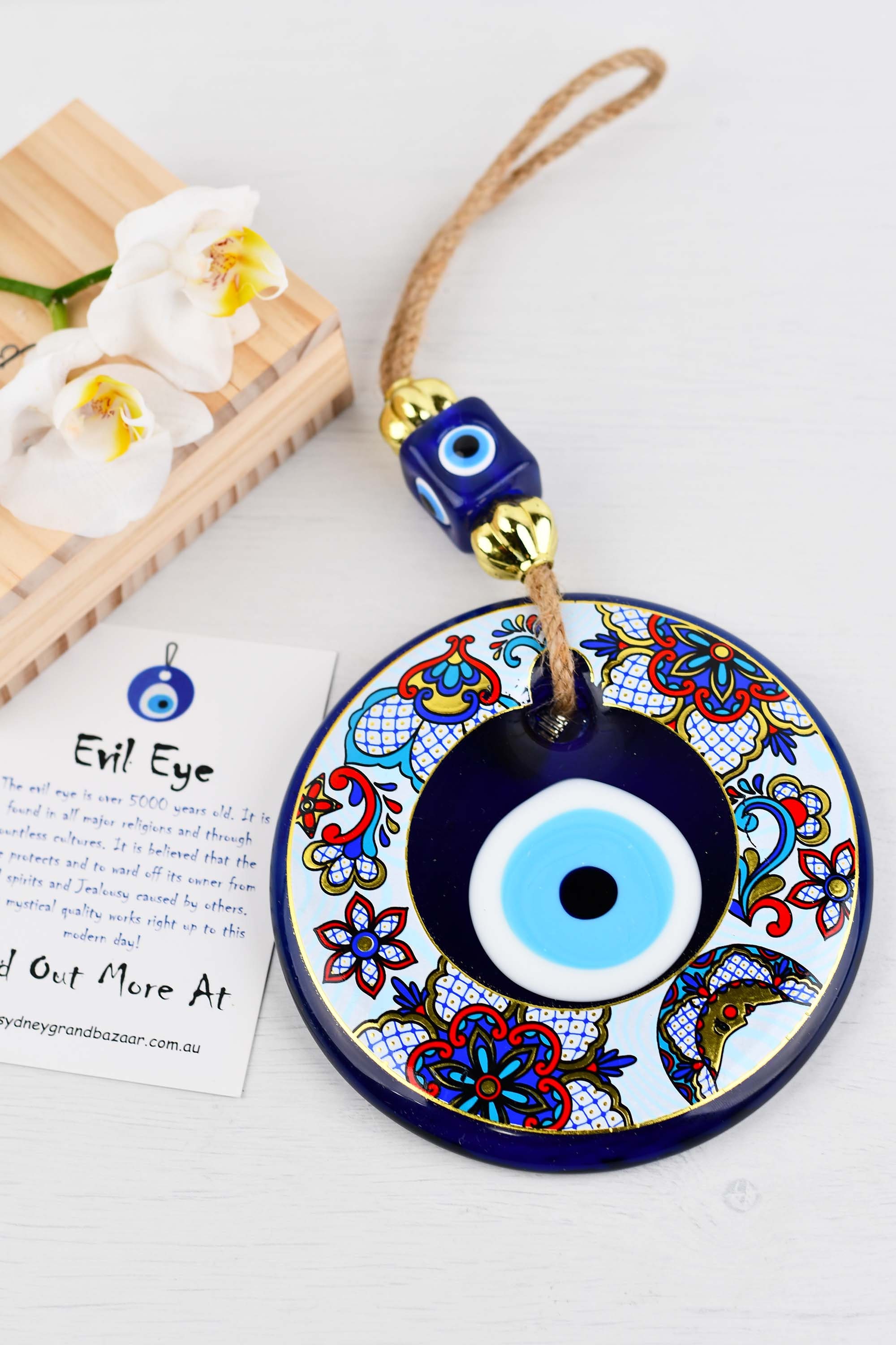 Türkisches griechisches Mati Auge Blaues Glas Evil Eye Amulett Hamsa Hand  Wandbehang großes 13cm Glas authentisch handbemaltes Glas - .de