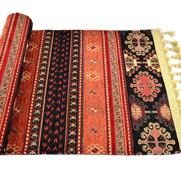 Turkish Table Runner Aztec Collection Oriental Table Runner Decorative Table Throw Handmade Black Rusty Orange Combined High Quality Tassles