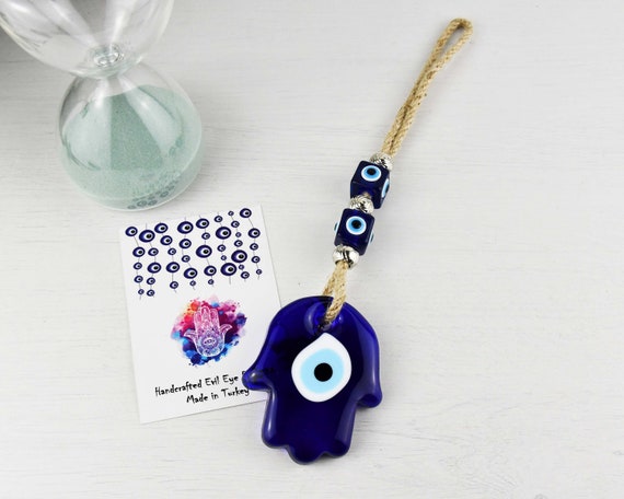 Wanddeko Fatimas Hand Hamsa aus Glas - mit Blauem Auge Nazar